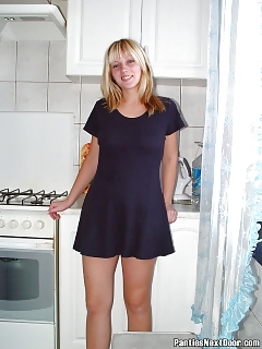 Take A Look To This Naughty Blond Amateur Exploring Off Her Red Lacy Panties In The Kitchen