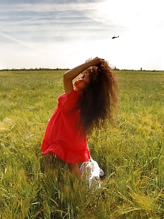 Brunette Lady Wearing High Heels And Nylons Using A Sex Toy In Wheat Field