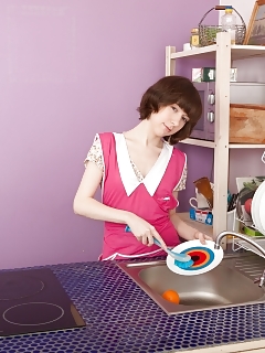 Miki Cleans Some Dishes And Then Nibbles Her Orange. This Delicate Natural Model Gets Naughty And Drips Milks Through Her Beaver.