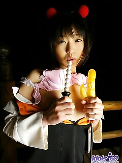 Asian Minx In Pigtails And Outfit Displays Her Hairy Cunt And Her Lovely Toys