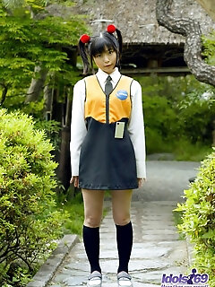 Asian Minx In Pigtails And Outfit Displays Her Hairy Cunt And Her Lovely Toys