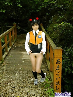 Asian Minx In Pigtails And Outfit Displays Her Hairy Cunt And Her Lovely Toys