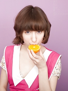 Miki Cleans Some Dishes And Then Nibbles Her Orange. This Delicate Natural Model Gets Naughty And Drips Milks Through Her Beaver.